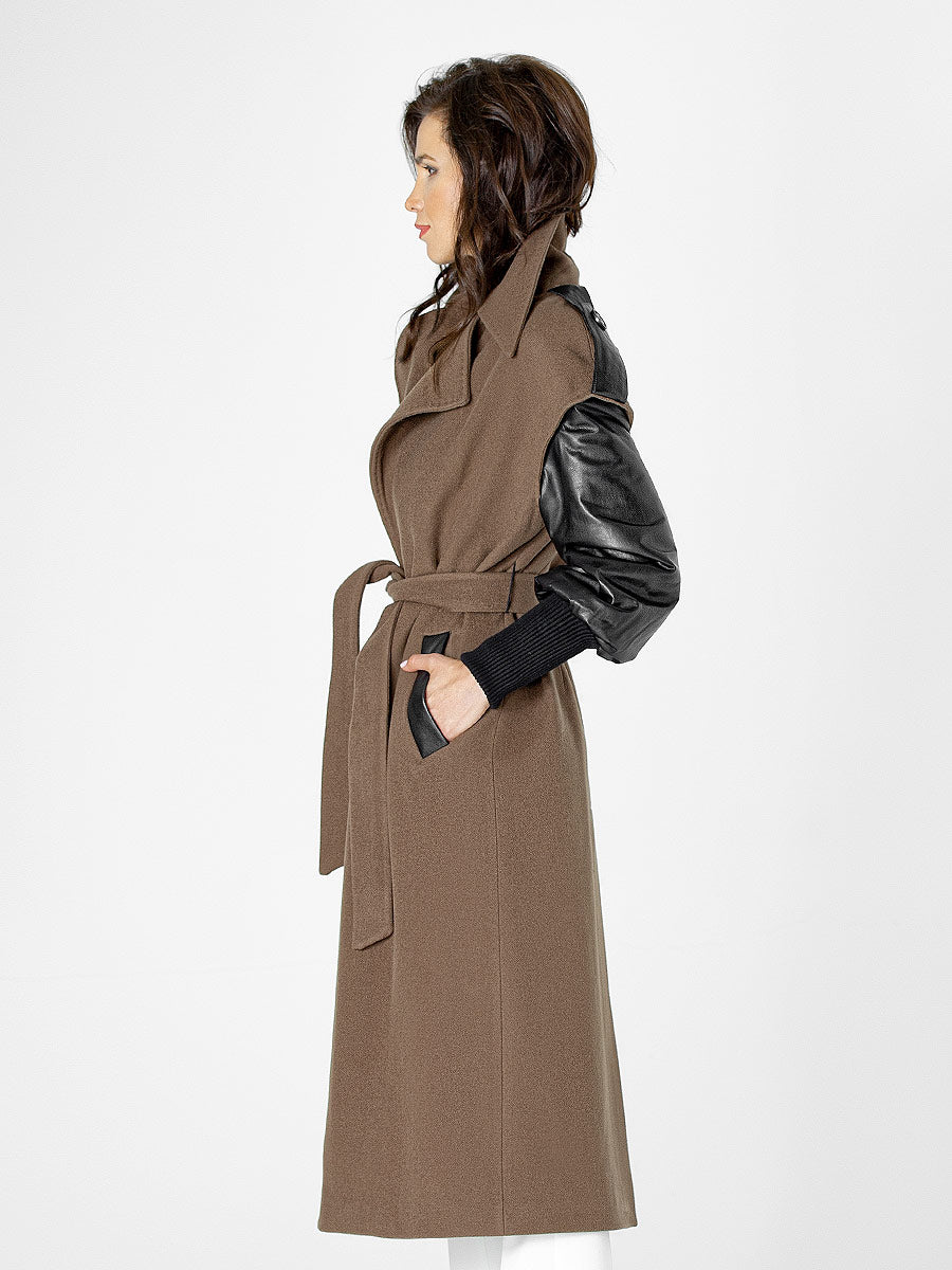 Cashmere coat and vest, two in one overwear with removable leather sleeves