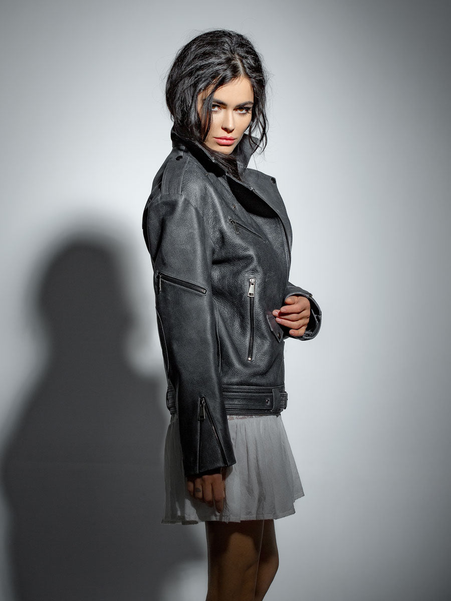Woman grey leather jacket