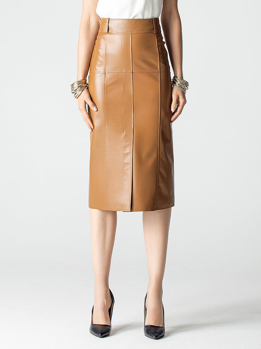 Brown leather skirt with front split