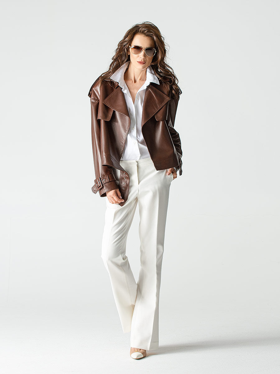 Brown leather jacket with lapels