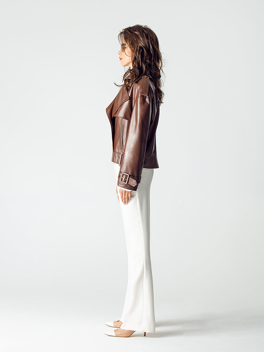 Brown leather jacket with lapels