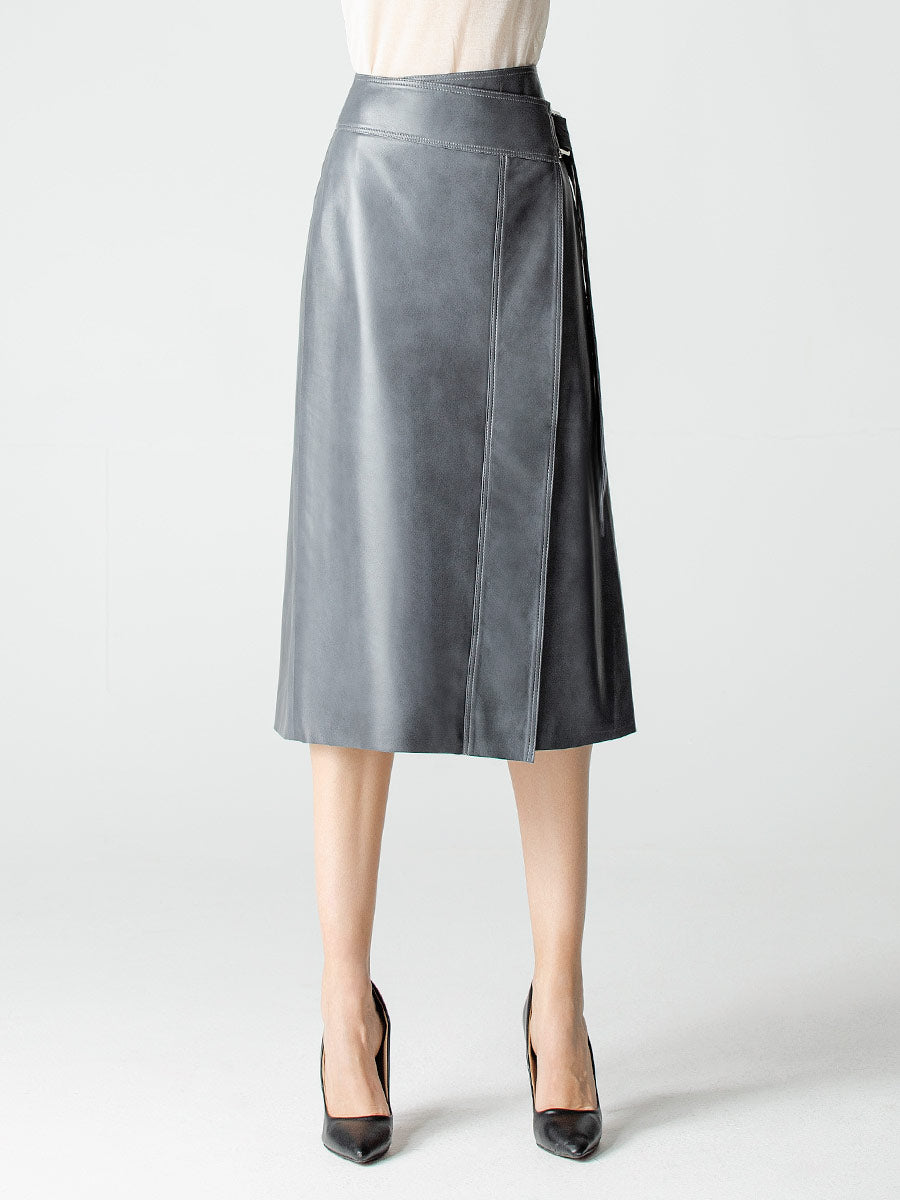 Grey leather wrap skirt