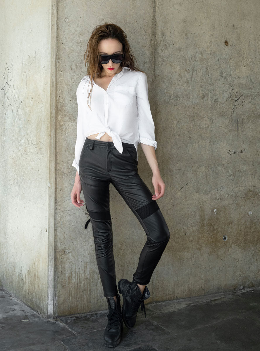 Combined stretch leather pants