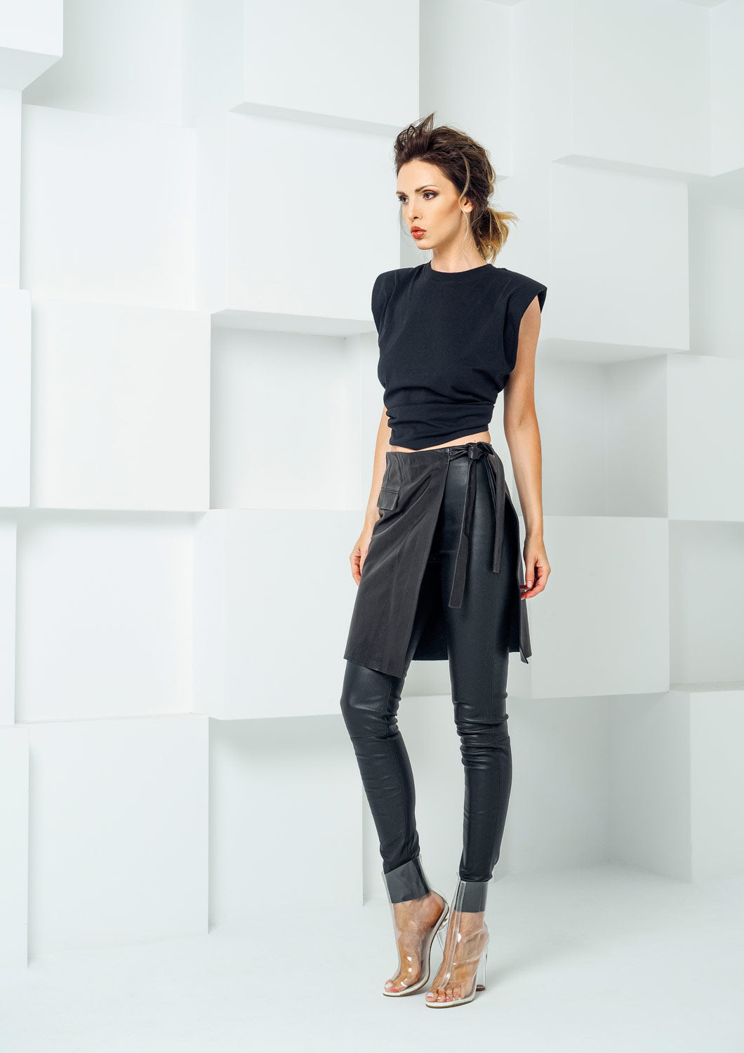 Leather stretch leggings with skirt
