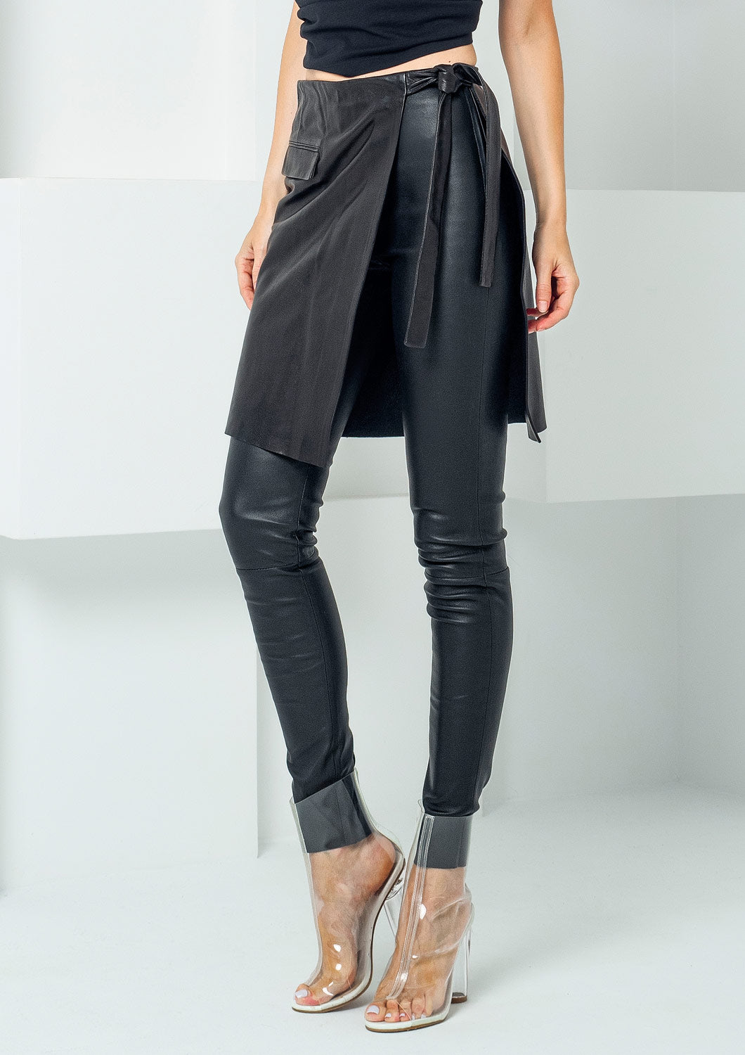 Leather stretch leggings with skirt